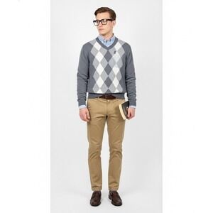 Garret Scott Mens V Neck Argyle‎ Sweater Extra Fine Merino Wool Modern Fit Large